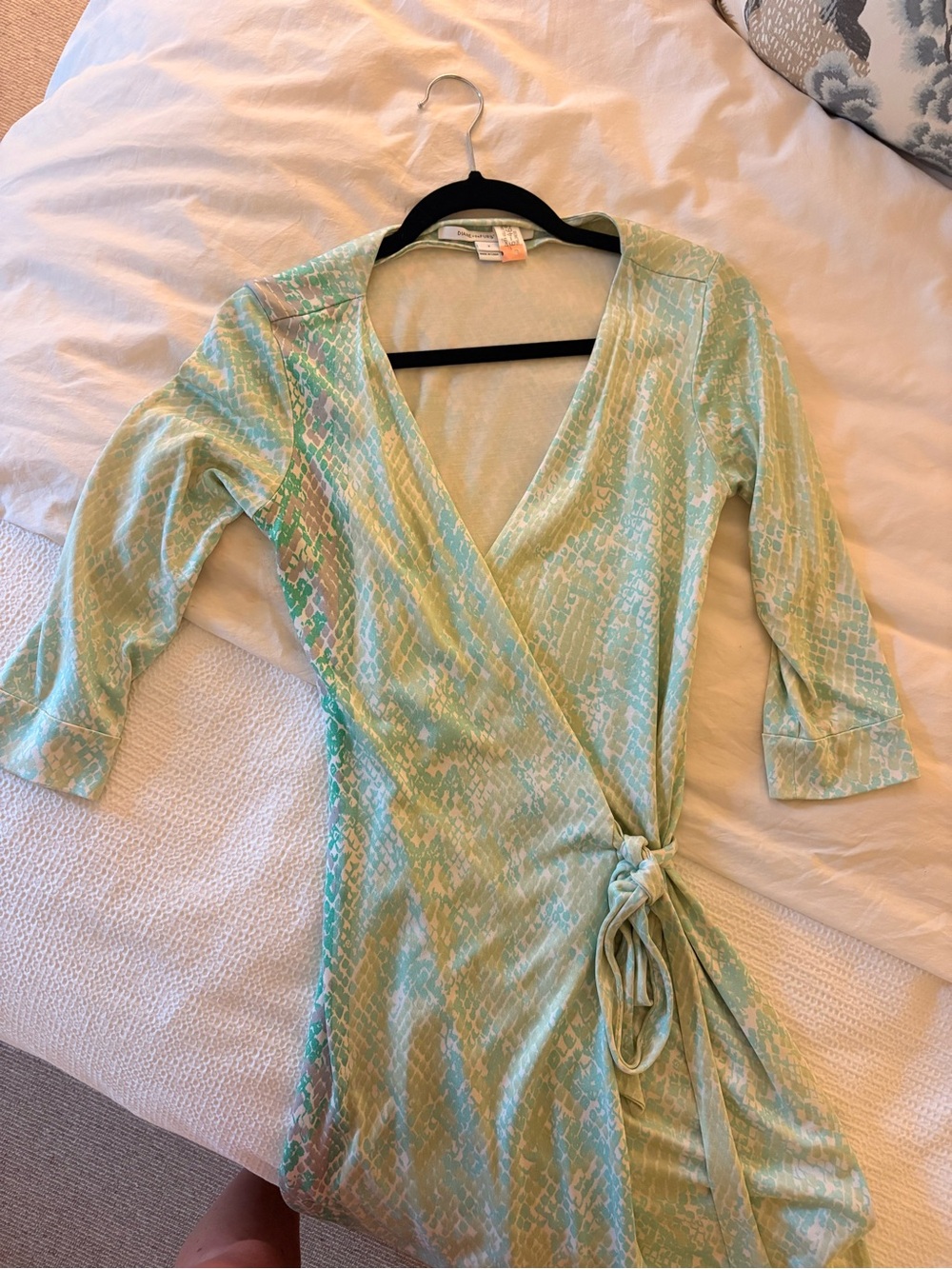 DVF classic wrap dress in light green snake like print